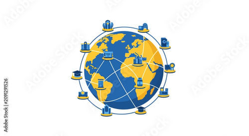 Global Education Network Illustration: Online Learning, E-learning Technology, and International Academic Connectivity Concept with World Map and University Icons