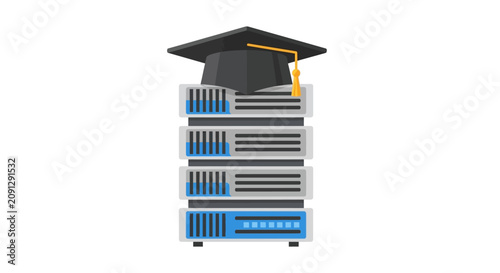 Digital Education and EdTech Concept Illustration with Server Rack and Graduation Cap