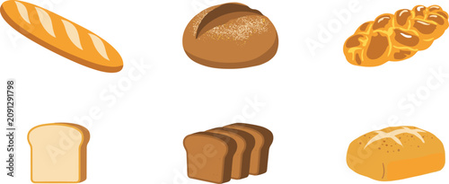 Foto Fresh Bakery Bread Vector Illustration Set with French Baguette, Sourdough Loaf,