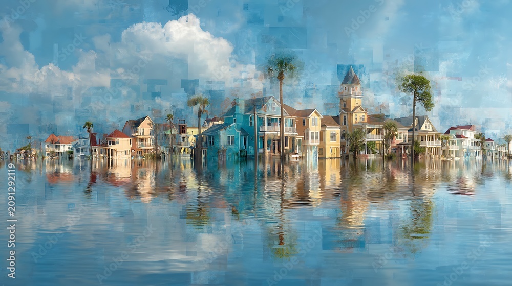 Naklejka premium A digitally rendered coastal townscape with colorful houses and palm trees reflected on calm water under a vibrant blue sky with clouds.