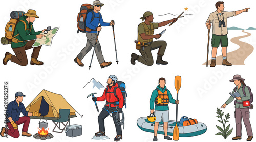 Foto Outdoor Adventure and Wilderness Exploration People Flat Illustration Set with C