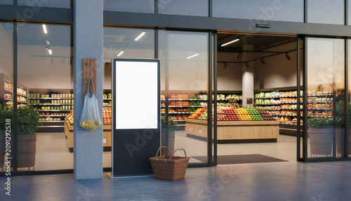 Modern supermarket entrance with blank digital advertising display reusable shopping bag and wicker basket