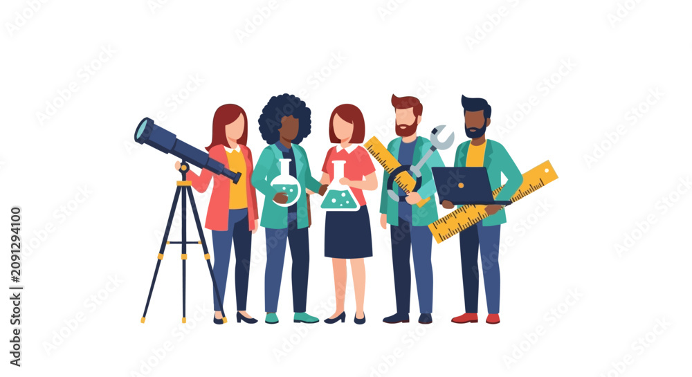 Fototapeta premium Diverse Group of STEM Professionals and Scientists Vector Illustration - Team of Experts in Science, Technology, Engineering, and Mathematics on White Background