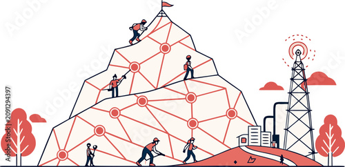 Workers climb a networked mountain to reach the summit where a telecommunications tower stands tall.