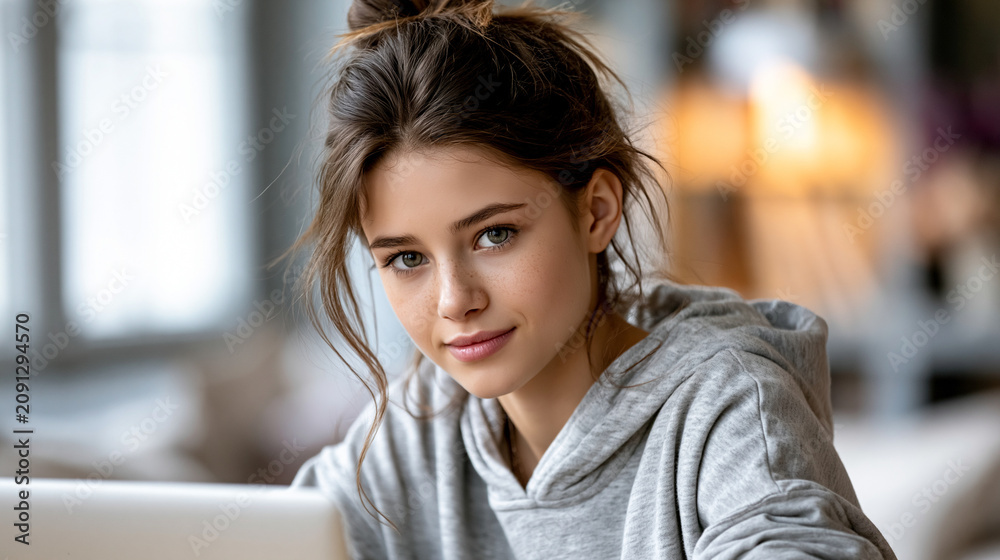 Fototapeta premium Young woman using laptop at home for online study