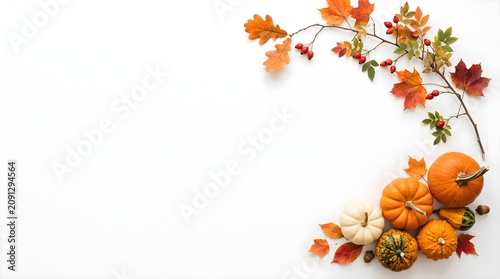 Autumn harvest decor with pumpkins and fall leaves on white background