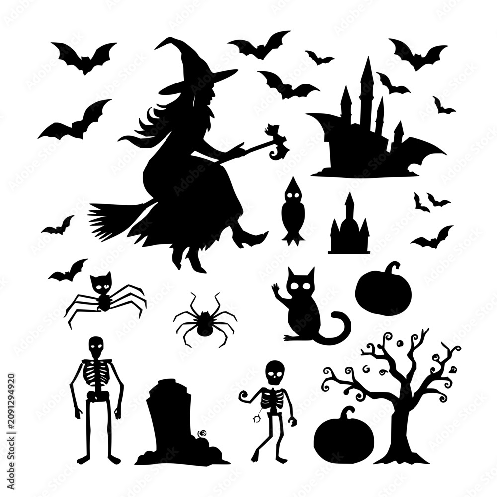 Fototapeta premium Halloween icons set with balanced silhouette composition featuring witch, bat, black cat with haunted castle and skeleton