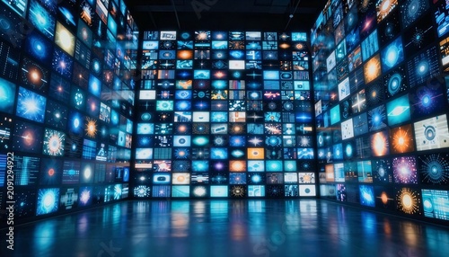 Digital media wall concept featuring many glowing screens displaying colorful data and light patterns.