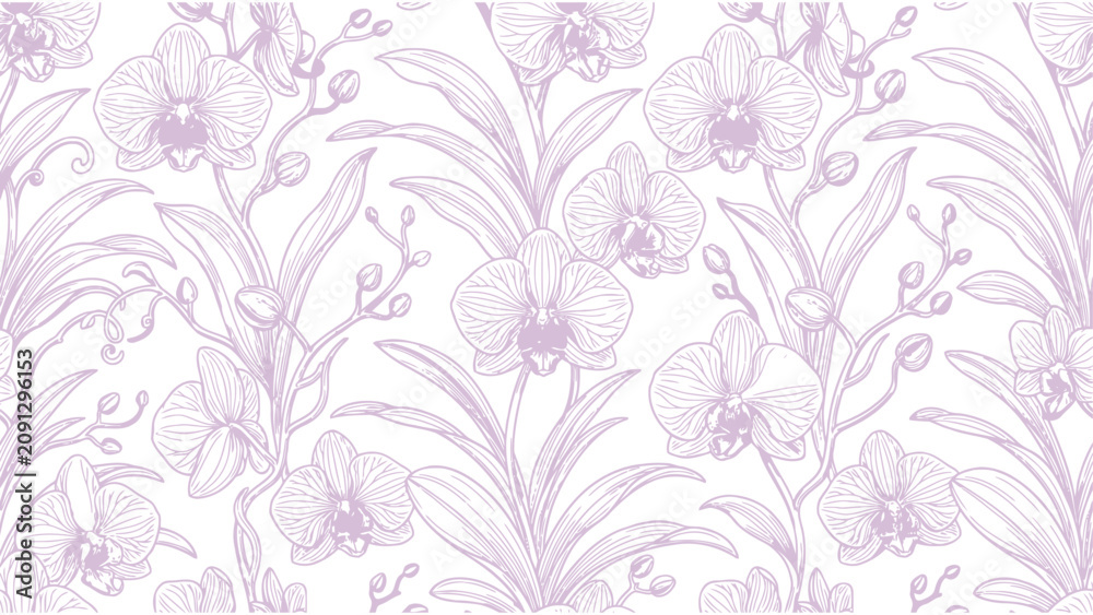 Naklejka premium Purple orchid flower seamless pattern vector, hand drawn botanical line art background, floral wallpaper for textile