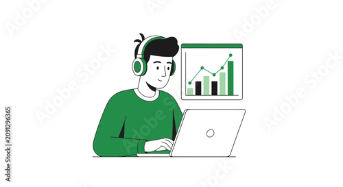 Data Analyst Working on Laptop with Financial Growth Chart and Headphones Illustration