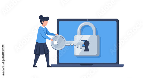 Cybersecurity Concept Illustration with Woman Unlocking Laptop Padlock for Data Protection and Digital Privacy