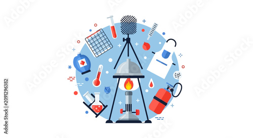 Flat Design Laboratory Equipment and Chemistry Icons Set Illustration, Science Research and Education Concept in a Circular Composition
