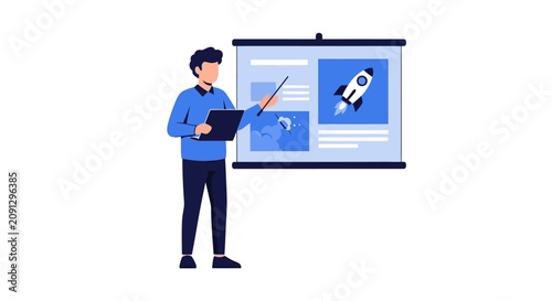 Business Startup Presentation Vector Illustration with Rocket Launch Concept