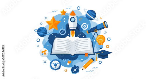 Educational and Imagination Concept Illustration featuring Open Book with Rocket Ship Telescope Graduation Cap and Space Elements for Creative Learning and Discovery