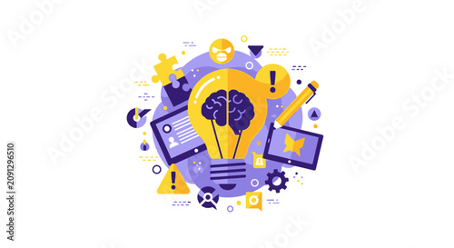 Brainstorming and Innovation Concept Flat Illustration with Light Bulb, Brain, and Digital Tools for Creative Problem Solving and Business Strategy