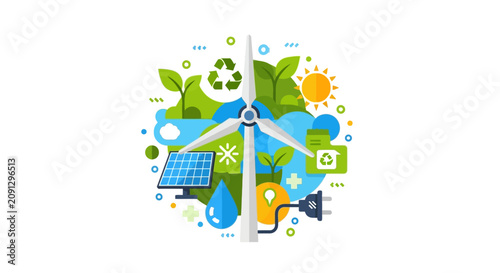 Renewable Energy and Sustainable Technology Concept Illustration with Wind Turbine, Solar Panel, and Recycle Symbols