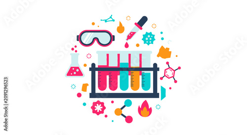 Science Laboratory Equipment Vector Illustration with Test Tubes, Flask, Goggles and Molecular Icons for Chemistry Research and Education