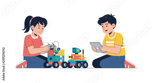 Kids Playing with DIY Robots and Tablet for STEM Education and Coding Learning Vector Illustration