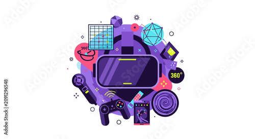 Modern Virtual Reality and Metaverse Technology Concept Illustration with VR Headset, Game Controller, and 360 Degree Interactive Icons