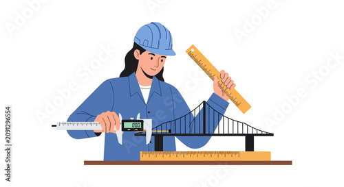 Woman Civil Engineer Measuring Bridge Model with Caliper and Ruler - Professional Female Architect or Construction Planner at Work Illustration