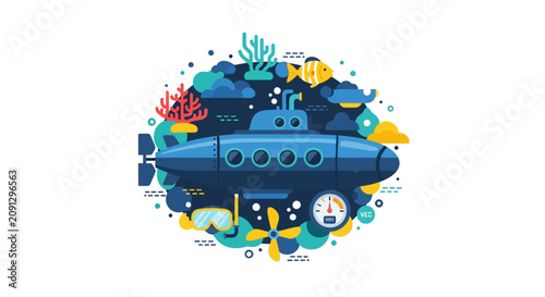 Blue Submarine Underwater Exploration Flat Vector Illustration with Marine Life, Coral, and Scuba Diving Gear Concept