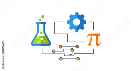 STEM Education and Innovation Concept Illustration with Science Flask, Gear, Math Pi Symbol and Circuitry