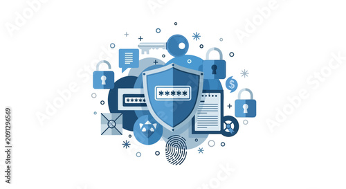 Cybersecurity and Data Protection Concept Illustration with Shield, Padlocks, Fingerprint Scan, and Password Security Icons for Digital Safety and Privacy