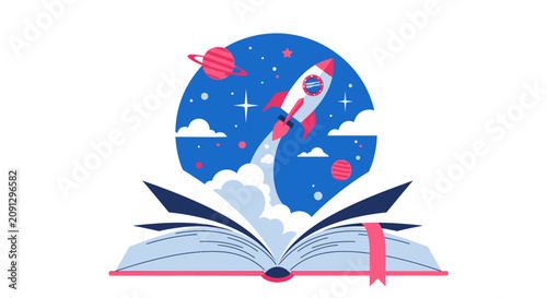 Rocket Ship Launching from an Open Book Illustration - Concept for Imagination, Education, and Creative Learning