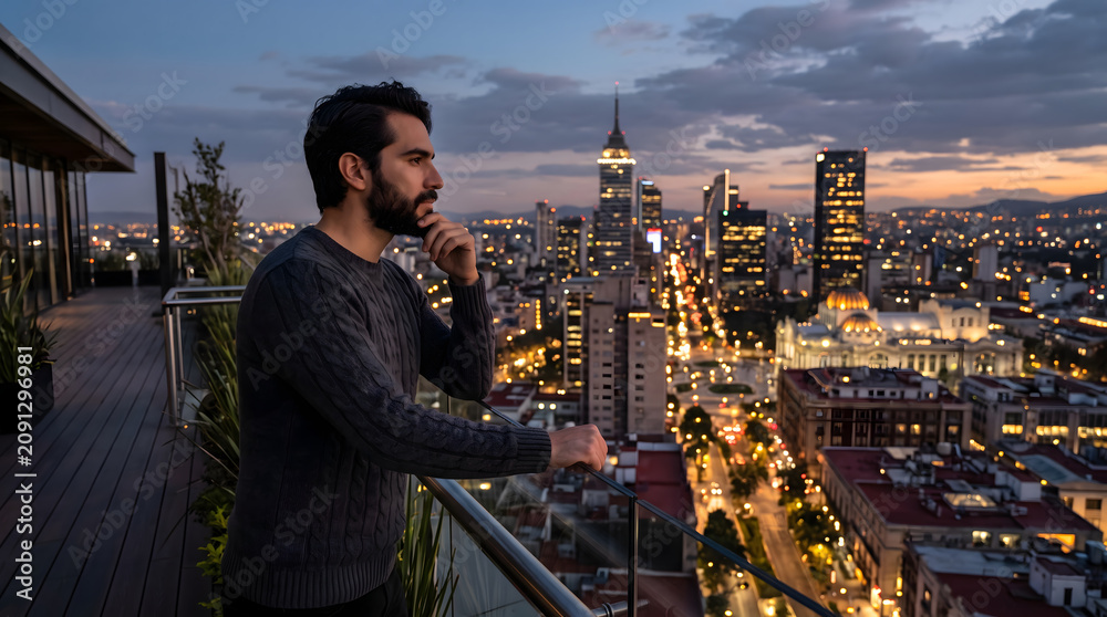 Fototapeta premium Man on rooftop terrace overlooking city skyline at dusk