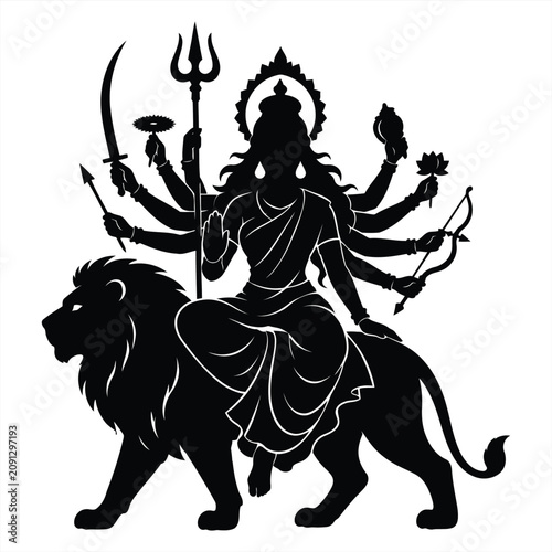 Black Silhouette of Hindu Goddess Durga Riding a Lion with Multiple Arms Holding Divine Weapons for Religious Celebration and Spiritual Art