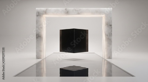 Black geometric cube floating in a marble frame on reflective surface