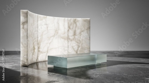 A curved white onyx wall and frosted glass pedestal display stand
