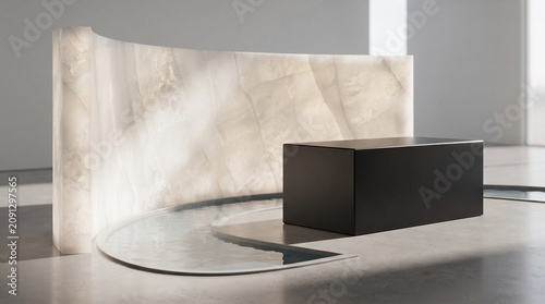 Black rectangular pedestal placed near a curved glowing translucent marble wall