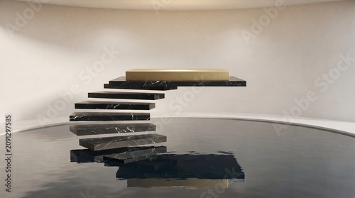 Black marble steps with gold platform above dark water surface background