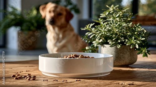 High-resolution photorealistic documentary commercial stock photo of a clean residential pet feeding area with a plain pet food bowl, a few spilled dry kibble pieces on the floor a