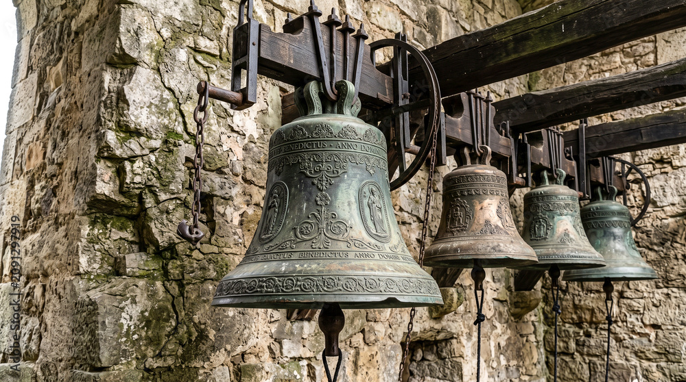 Obraz premium Campanas tradicionales de bronce con acabado antiguo y gran nivel de detalle para proyectos de stock.