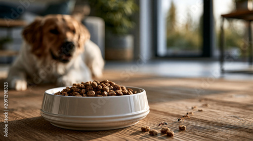 High-resolution photorealistic documentary commercial stock photo of a clean residential pet feeding area with a plain pet food bowl, a few spilled dry kibble pieces on the floor a