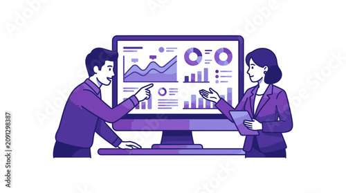 Business people analyzing data on computer.