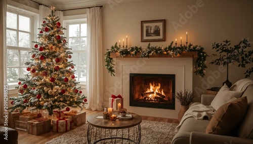 Cozy Room Decorated for Winter With a Christmas Tree and Fireplace