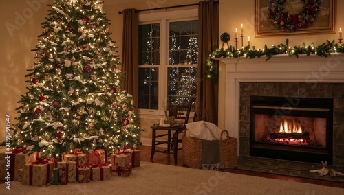 Cozy Room Decorated for Winter With a Christmas Tree and Fireplace