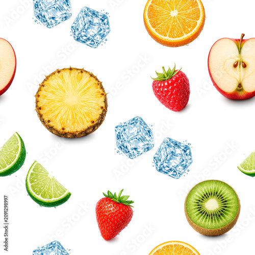 Seamless background pattern with fresh tropical fruits and berries on a white background