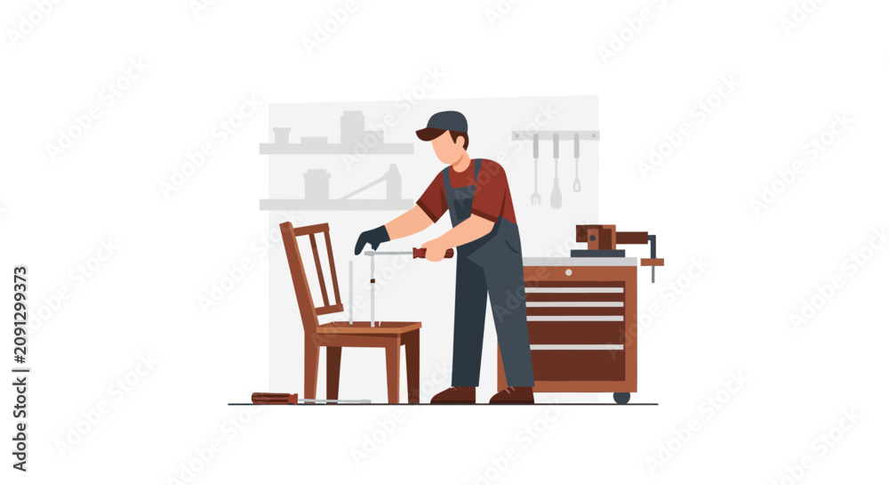 Fototapeta premium Professional Carpenter or Handyman Repairing Wooden Chair in Workshop, Furniture Assembly and Restoration Services Flat Vector Illustration