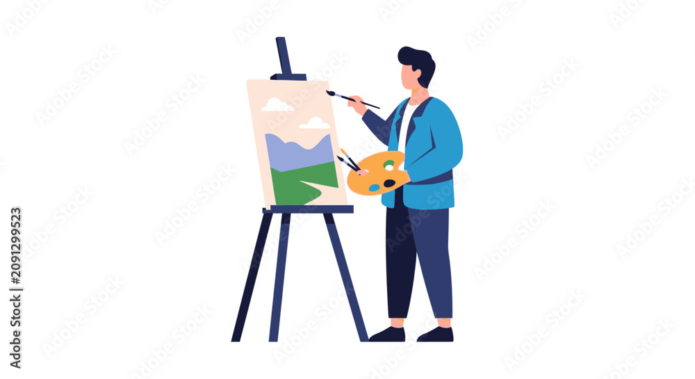 Fototapeta premium Artist Painting on Canvas, Creative Male Illustrator with Easel and Palette, Flat Vector Illustration Isolated on White Background