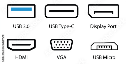 Computer ports and video audio connectors interface icon set, flat outline hardware display sockets collection on light background.