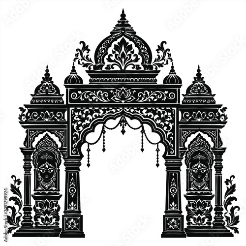 Ornate Indian Traditional Architectural Archway with Intricate Filigree and Floral Patterns for Wedding Invitations and Cultural Decorations