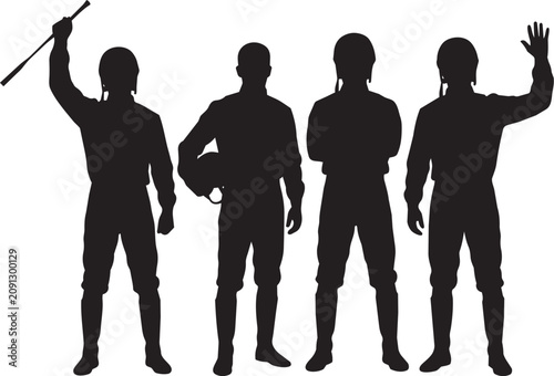 Fotografía Group of Horse Racing Jockey Silhouettes Standing Together with Gestures

Silhou
