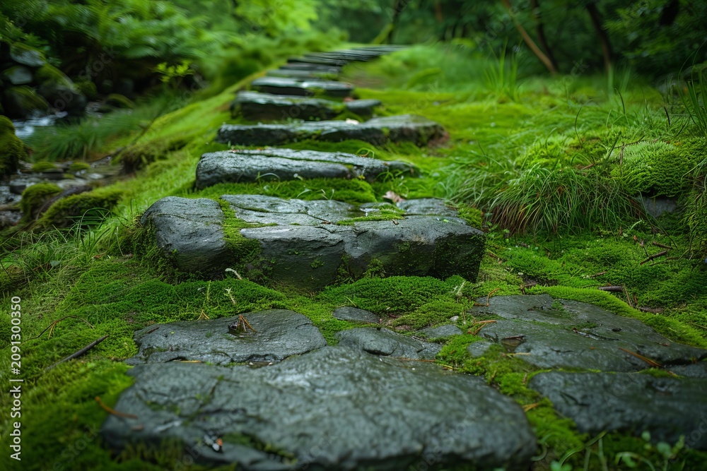 Naklejka premium Wet mossy stone steps winding through a tranquil green forest, creating a serene and natural pathway