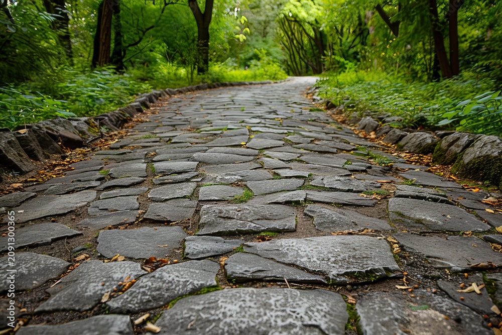 Naklejka premium Stone paved pathway meandering through a tranquil green park, creating a serene and inviting atmosphere