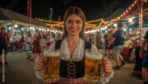 Festive Gathering With Women Holding Beer at a Night Market in a Lively Atmos...