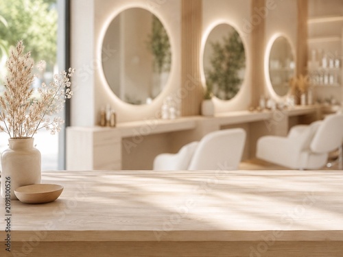Bright Beauty Salon Interior With Wooden Counter Sunlit beauty salon with empty wooden counter, round mirrors, chairs, dried flowers, and soft neutral decor for wellness branding